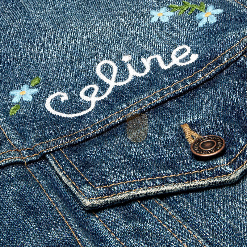 CELINE EMBROIDERED TRUCKER JACKET IN DARK UNION WASH DENIM RV0QQ930F.07DU